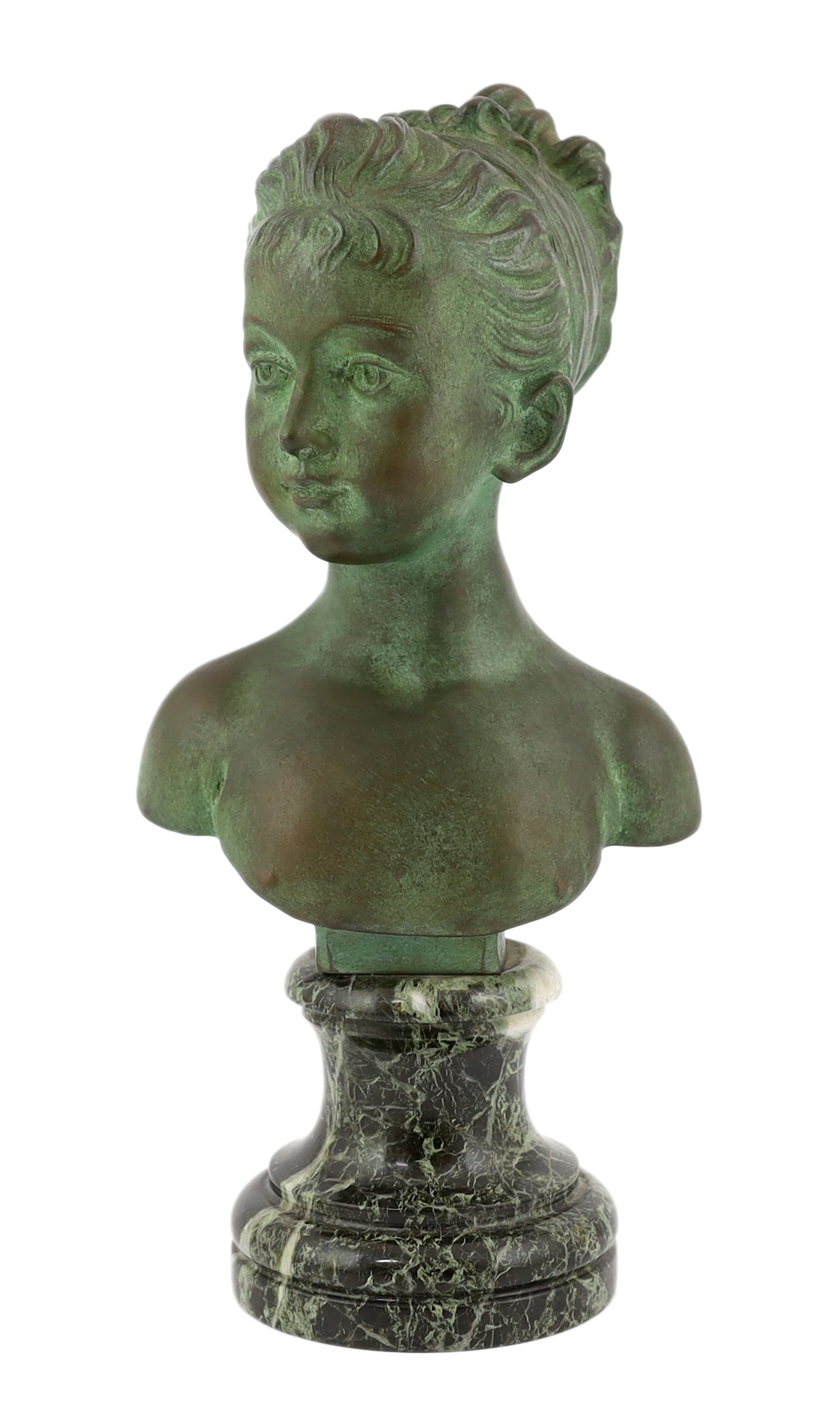 After Jean-Antoine Houdon (1741-1828), a green patinated bronze bust of a child